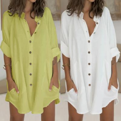 China Anti-wrinkle revitalizing 2022 foreign trade border wholesale women's cotton and canvas breasted mid length short-sleeved loose shirt for sale