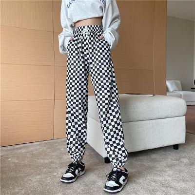 China 2022 new checkerboard pattern high waist beam harem feet pants women small foot sports breathable straight loose casual pants for sale