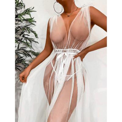 China Polyester fiber (polyester) women's underwear GURUIS perspective sexy lingerie V-neck lace long gauze sexy white lace dress for sale