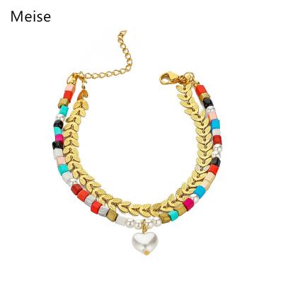 China Vintage Yiwu Coqi YY619 Elegant Seed Ear Wheat Bead Heart Double Layers Heart Double Layers Stainless Steel Colorful Bohemian Bead Bracelet for sale