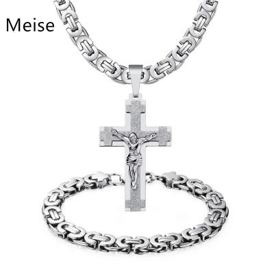 China Yiwu Coqi Men's Casual/Sporty Jesus Cross Pendant Necklace Chain Bracelet Stainless Steel Jewelry Set for sale