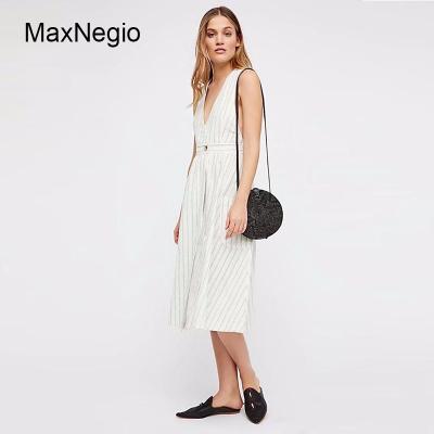 China Maxnegio Clothing Manufacturer White Striped Sleeveless Ladies Anti-Static Casual Dress for sale