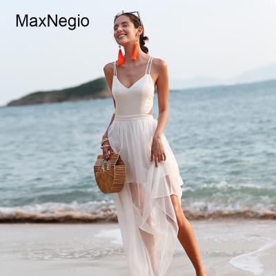 China MaxnegioGarment Factory Manufacturer White Backless Beach Anti-Static Cross Back Maxi Dress for sale