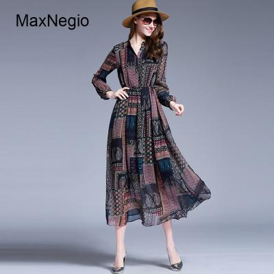 China Maxnegio Anti-Static V-Neckline Long Maxi Women Chiffon Dress 2018 Summer Fashion Bohemia Guangzhou for sale