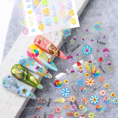 China Easy Apply 5D Nail Stickers Embossed Flower Cake Cartoon Series Gel Nail Art Sticker for sale