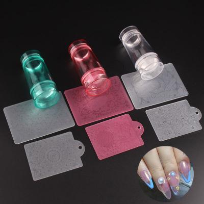 China Easy Apply Double Head 3 Color Soft Silicone Nail Puncher With Scraper Nail Stamping Set for sale