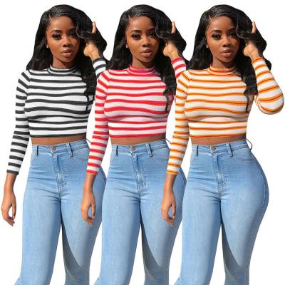 China 2022 New Stylish Casual Polyester Fashion Anti-Wrinkle Long Sleeve Streetwear Ladies Autumn Striped High Neck Ribbed Crop Women's T-shirt for sale