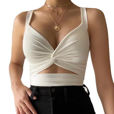 China New Arrivals Designer Summer Trending Tops Custom White Sexy Deep V-Neck Solid Push Up Ruched Crop Twisted Cutout Tank Top for sale