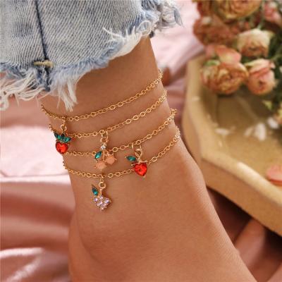 China Fashion Hot Foot Candy QiCai Summer Crystal Diamond Rhinestone Strawberry Cherry Fruit Dangling Anklet Accessory for sale