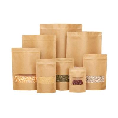 China Recyclable Reusable Heat Sealable Kraft Paper Back Up Pouches Stand Up Bags With Matte Window for sale