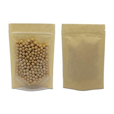 China Recyclable Clear Front Brown Kraft Paper Stand Up Pouch Paper Bag For Nuts Coffee Tea Food Storage Packaging for sale