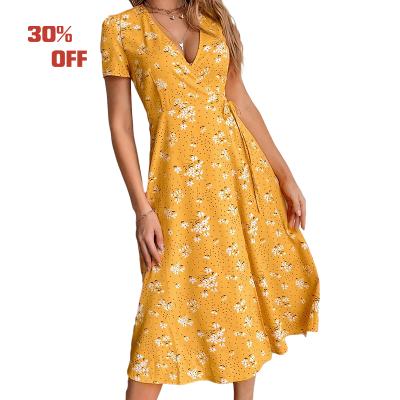 China Love&roses Floral Anti-static Summer Surplice Neck Bow Knot and Dot Cami Dress For Women for sale