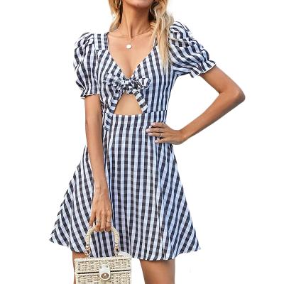 China 2022 Women Clothing Summer Dress Breathable Plaid Hollow Out Mini Dresses For Lady for sale