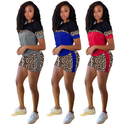 China Fashionable Anti Pilling Leopard Printed Grain Splicing Two Piece Sets Shorts Sleeves Casual Suits for sale