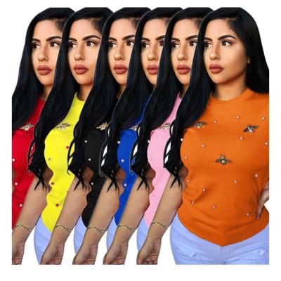 China New Color Anti-wrinkle Pure Round Beaded Butterfly Collar T-shirt Large Size Fashion Tops Women's T-shirts for sale