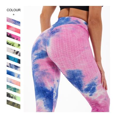 China Sustainable yoga fitness jacquard High-waist tie dye peach butt leggings bubble yoga pants for sale