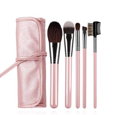 China Angular blush makeup brush handle glitter wool blush 5 pcs custom soft pink beauty tool hot sale PU logo pink rolled pouch HXT-002 for sale