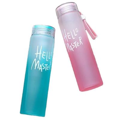 China Sustainable Customize LOGO Hello Master Eco Friendly Drinking Glass Water Bottle Frosted Sports Kids 400ml Colorful Glass Water Bottle for sale