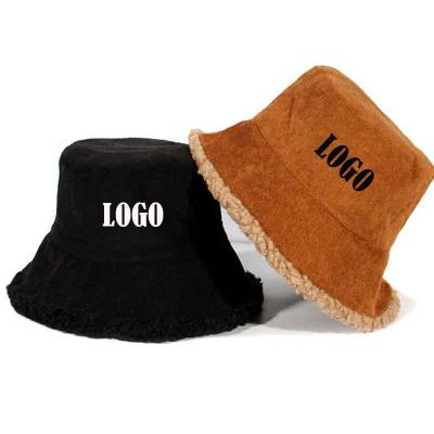 China Custom Fashion Personalized Bucket Hat Winter Furry Wool Reversible Logo Thickened Bucket Hat Sherpa Potty Hat for sale