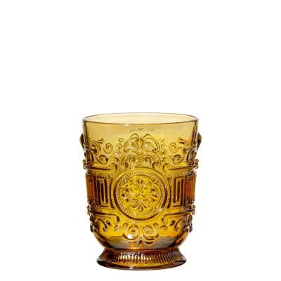 China Traditional Old Fashioned Gold Belt Relief Multi Color Customized Water Tea Juice Glass for sale