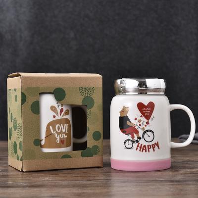 China Custom C-Handle Viable Cartoon Printing Tea Coffee Large Capacity Ceramic Mug With Mirror Lid for sale