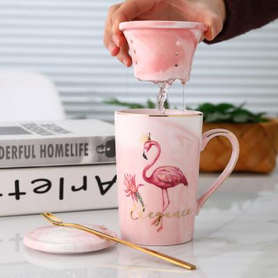 China Viable Wholesale Flamingo Coffee Tea Marbling Ceramic Filter Couple Mug With Cover Spoon for sale