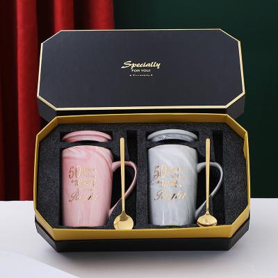 China Viable Gold Letters Marbling Diamond Shape Wedding Gift Box Ceramic Coffee Mug With Hand for sale