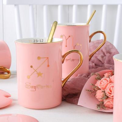 China Sustainable Custom Gold Rose Letters Twelve Constellation Couple Gold Handle Ceramic Mug With Lid for sale