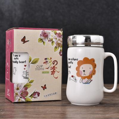 China Viable Ceramic Custom Printed Cartoon Pattern Coffee Tea Mugs With Stainless Steel Lid for sale