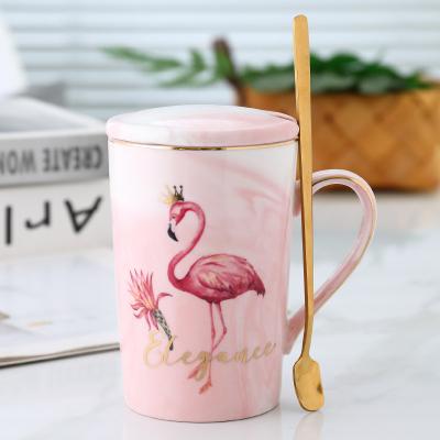 China Viable Nordic Style Animals Pattern Pink Marbling Ceramic Coffee Tea Mug With Lid Handle for sale