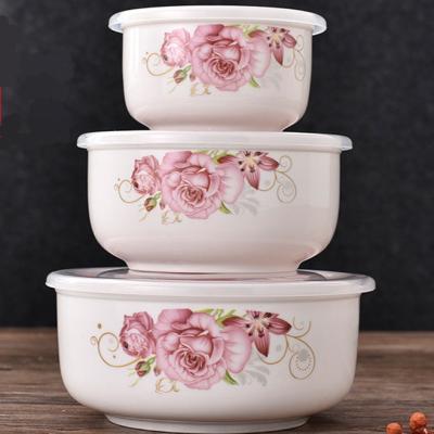 China Stocked Three-Piece Suit Of Bone China Microwave Seal Cover Flower Print Preservation Ceramic Bowl for sale