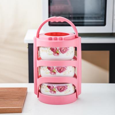 China Microwave Lunch Box Stocked Ceramic Dinnerware Storage Bowl Three Piece Set With Hand Basket for sale