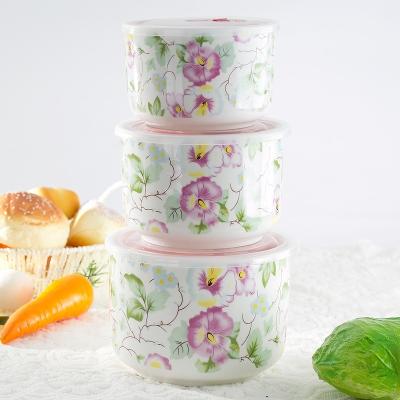 China Three Piece Ceramic Flower Printing Set Stored Dinnerware Sealed Preservation Storage Bowl With Lid for sale