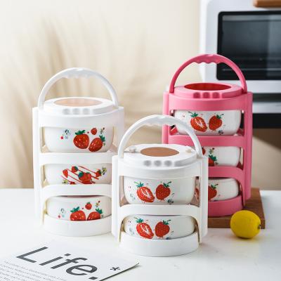 China Microwave Lunch Box Three Piece Set Storage Cartoonpattern Ceramic Bowl With Hand Basket for sale