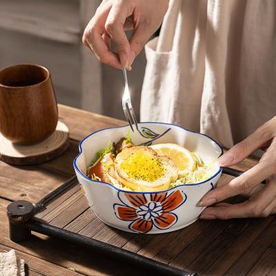 China Hand Painted High Temperature Ceramic Stocked Shape Japanese Underlay Petal Noodle Salad Bowl for sale