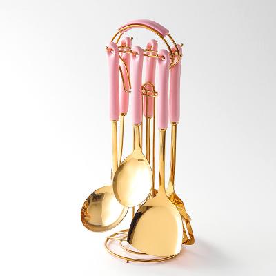 China Stainless Steel Viable Ceramic Gold Utensils Handle Stainless Steel Luxury Kitchen Utensils Dishwasher Shovel Strainer Set With Stand for sale