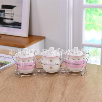 China Viable Wholesale Ceramic Pot Stainless Steel Rack Salt Pot Three Piece Seasoning Pot Set for sale