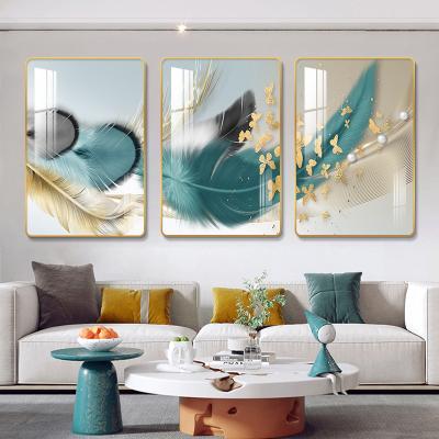 China Modern Waterproof Luxury Golden Feathers Deer Subtract Nordic Posters Print Modern Art Crystal Decor Glass Wall Porcelain Paintings for sale