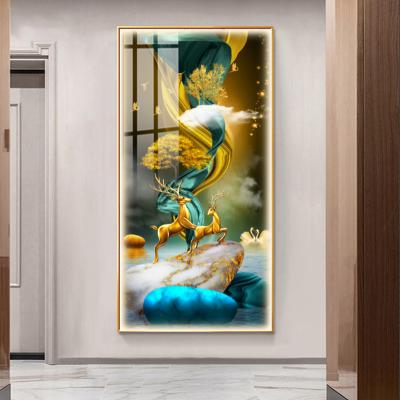 China Nordic Waterproof Decor Elk Porch With Crystal LED Light Glass Wall Painting Wall Art Home Decor Luxury for sale