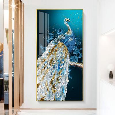 China Waterproof Blue Glass Peacock Wall Art Prints Picture Bird Feather Flower Bird Peacock Cuadros Decor Porcelain Canvas Crystal Painting for sale