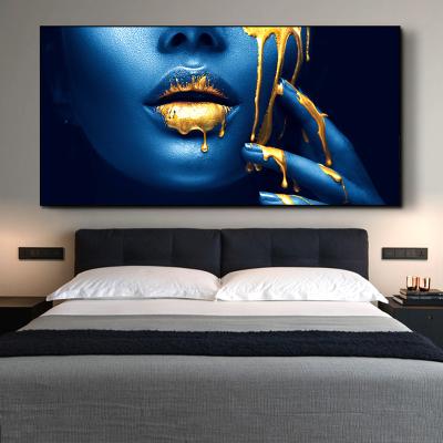 China Low Price Waterproof Wholesale HD Prints Blue And Gold Lips Sexy Cuadros Poster Prints Picture Wall Art Luxury Black African for sale