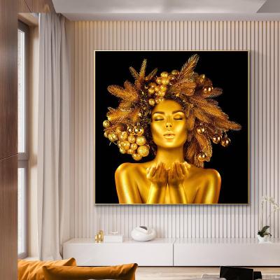 China Waterproof Home Decor Women Poster Nordic Golden Wall Pictures Shape Woman Lips Gold And Black Modern High Quality African Art Paintings for sale