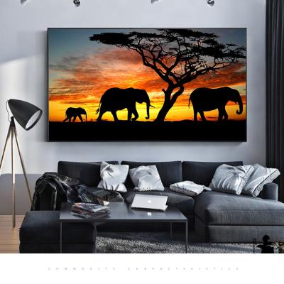 China Waterproof Home Posters Print Sunset Canvas Wall Pictures Animal African Elephant Decor Wall Art Paintings for sale