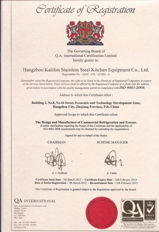 ISO9001 - Hangzhou kalifon stainless steel kitchen equipment co.ltd