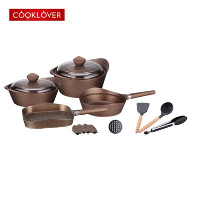 China 16 Piece Cast Aluminum Copper Color Durable High Quality Marble Nonstick Cookware Sets Spanish Cooking Pot/Frying Pan for sale