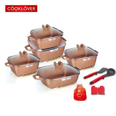 China Sustainable 15pcs Die Casting Ceramic Coating Nonstick Square Cookware Set for sale