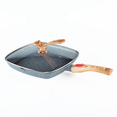 China 24cm Sustainable Die Cast Aluminum Induction Bottom Wooden Insulated Handle Marble Coating Square Frying Pan for sale