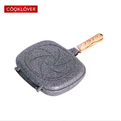 China Sustainable 30cm Die Induction Ceramic Marble Bottom Double Bottom Cast Aluminum Liner Grill Pan for sale