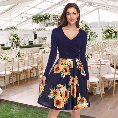 China Retro Long Sleeves Crossover Deep V Neckline Ruched A Line Floral Flare Wedding Party Cocktail Dress In Knee Length For Even for sale