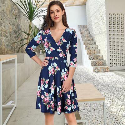 China Women Summer Retro V-Neck Empire Waist Three Quarter Floral Sheath A-Line Dress Fit Flare Swing Line For 2022 Sunny Smart Casual for sale